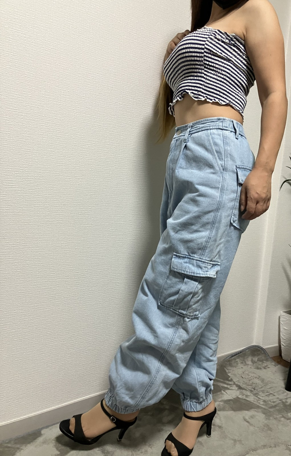 [Beautiful item] Tube top x wide cargo denim set, 2-piece set,