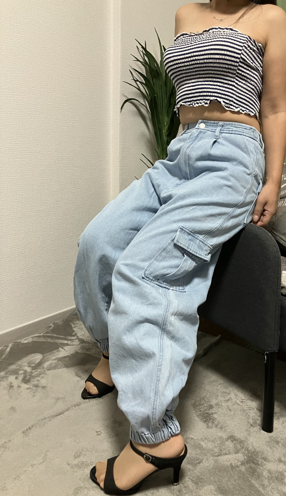 [Beautiful item] Tube top x wide cargo denim set, 2-piece set,