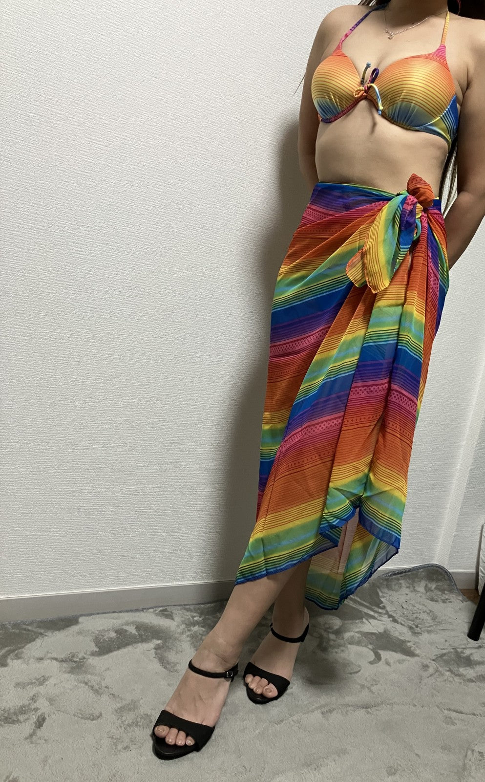 [Beautiful item] Rainbow Pattern Bikini Top and Bottom + See-through Wrap Skirt 3-piece set (Size 1X)