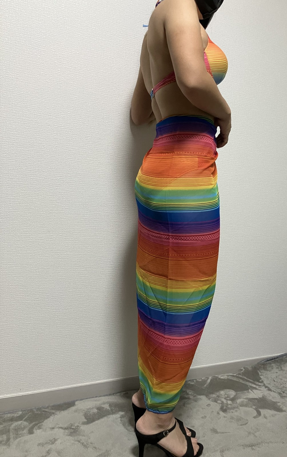 [Beautiful item] Rainbow Pattern Bikini Top and Bottom + See-through Wrap Skirt 3-piece set (Size 1X)