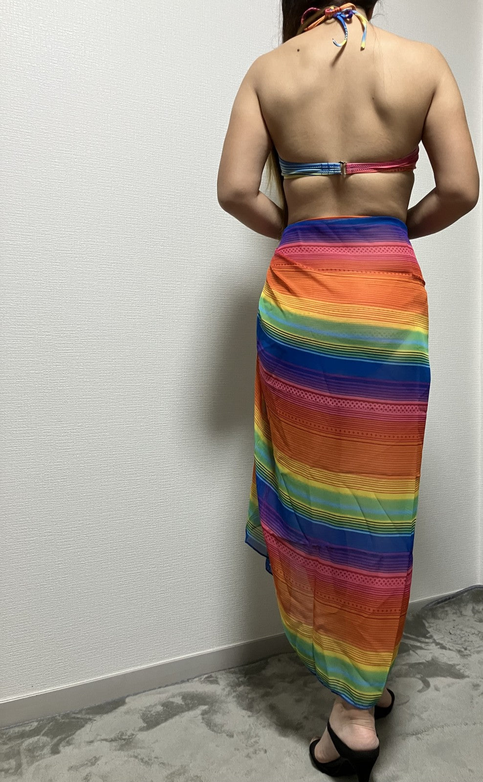 [Beautiful item] Rainbow Pattern Bikini Top and Bottom + See-through Wrap Skirt 3-piece set (Size 1X)