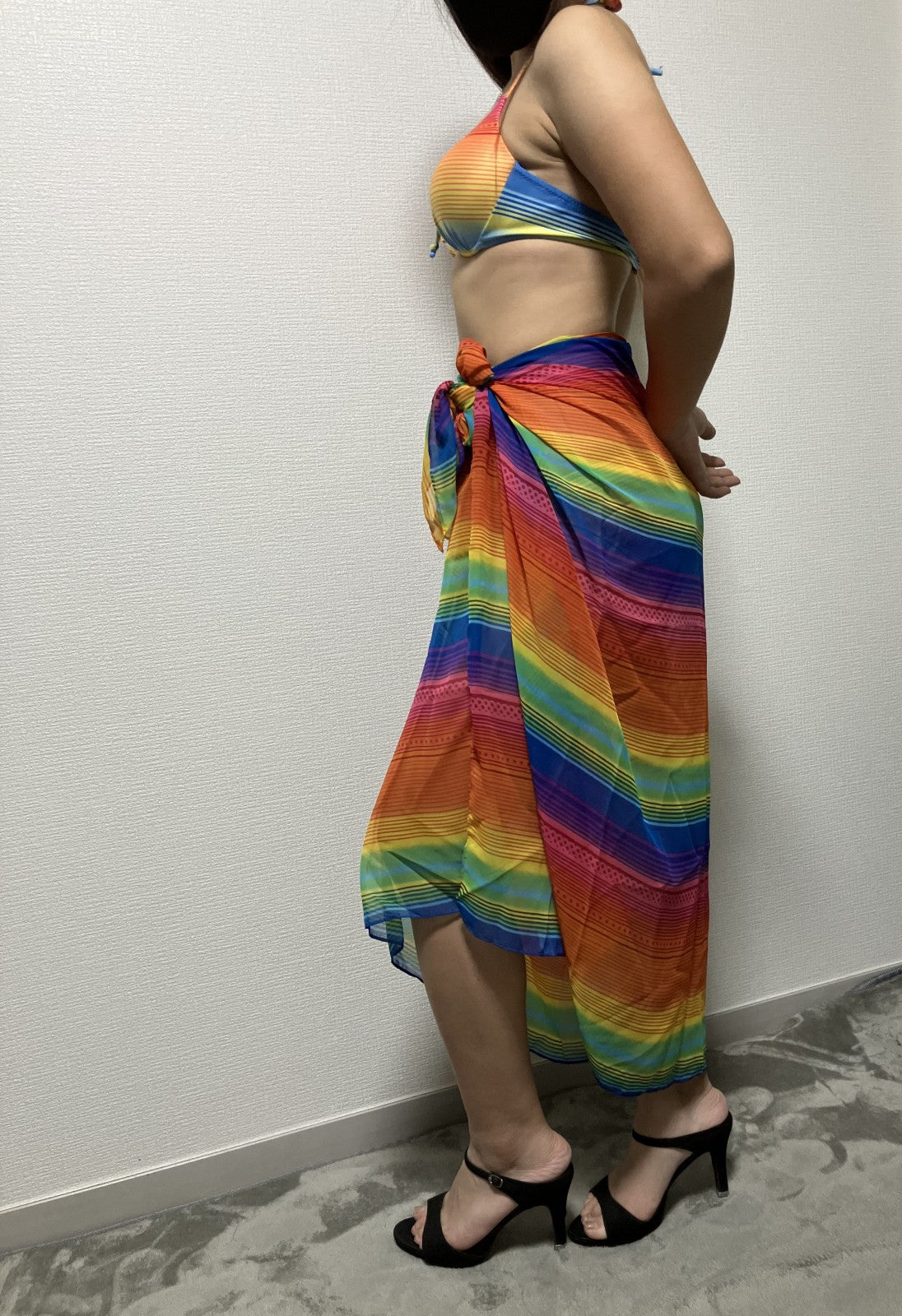 [Beautiful item] Rainbow Pattern Bikini Top and Bottom + See-through Wrap Skirt 3-piece set (Size 1X)
