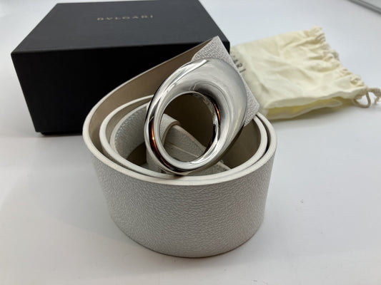 Bulgari leather belt, total length 100cm (39.37 inch), width 5cm (1.97 inch), white and silver, box and bag included, free shipping 