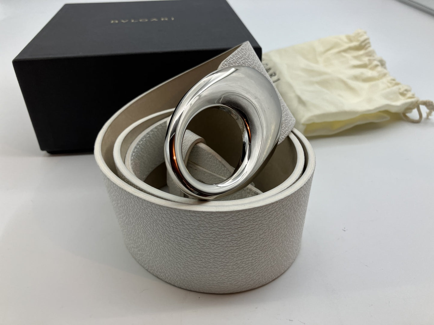 Bulgari Leather Belt Length 100cm(39.37 inch) Width 5cm(1.97 inch) White and Silver with box and bag