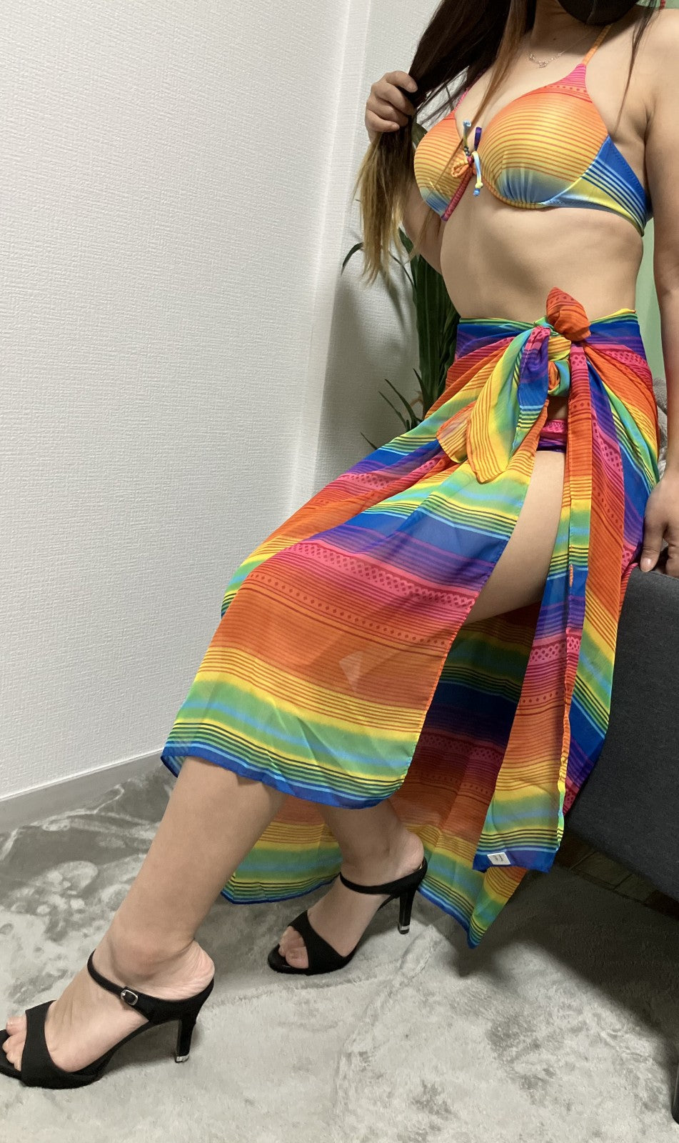 [Beautiful item] Rainbow Pattern Bikini Top and Bottom + See-through Wrap Skirt 3-piece set (Size 1X)