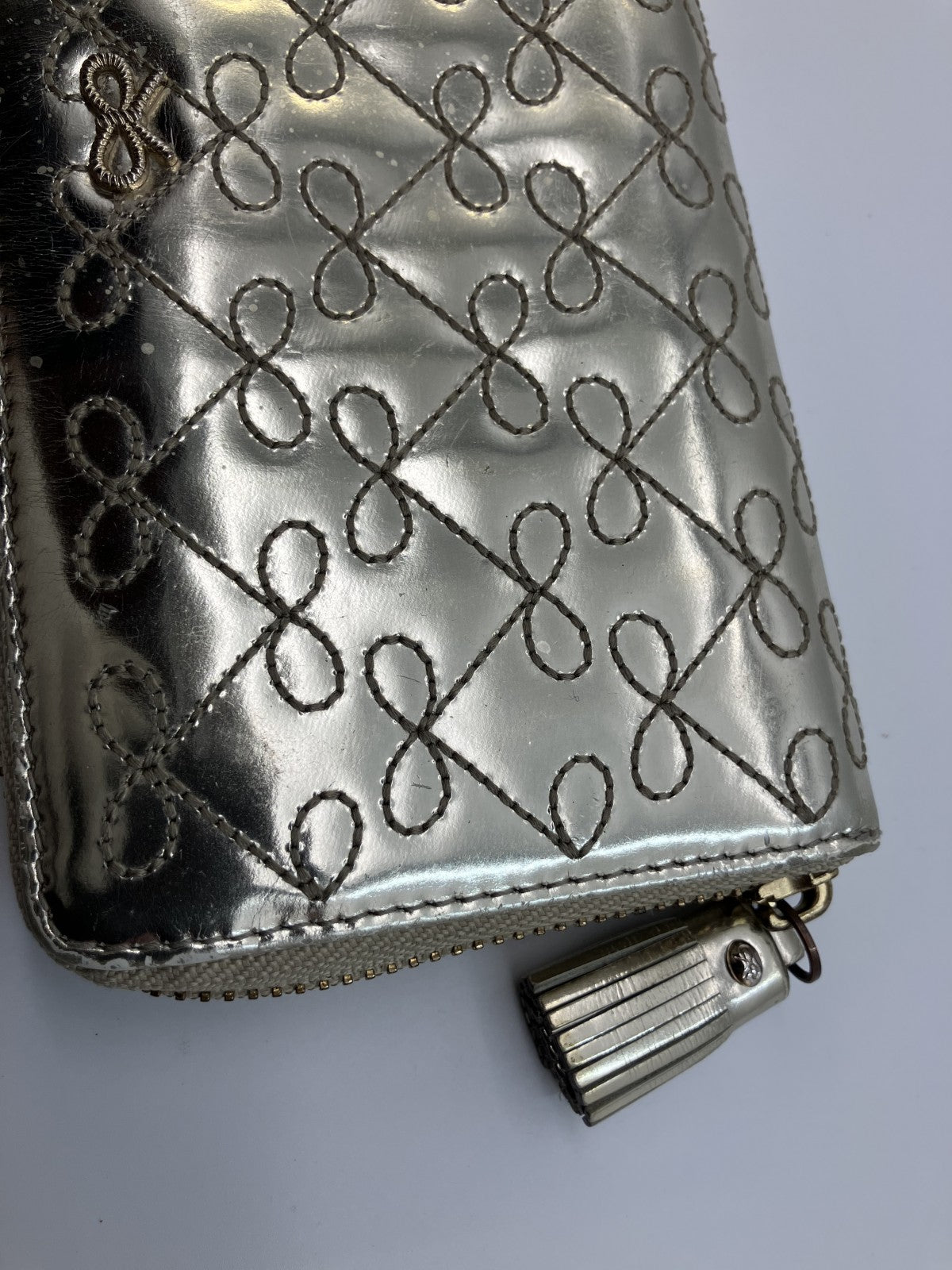 Anya Hindmarch Bow Quilted Zip Around Long Wallet Metallic Gold Patent Leather