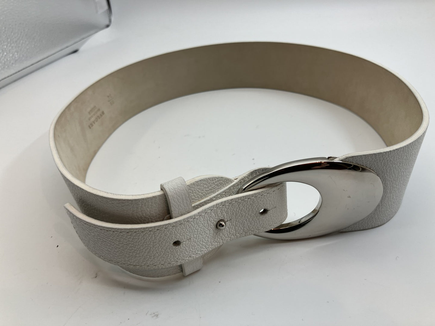 Bulgari Leather Belt Length 100cm(39.37 inch) Width 5cm(1.97 inch) White and Silver with box and bag