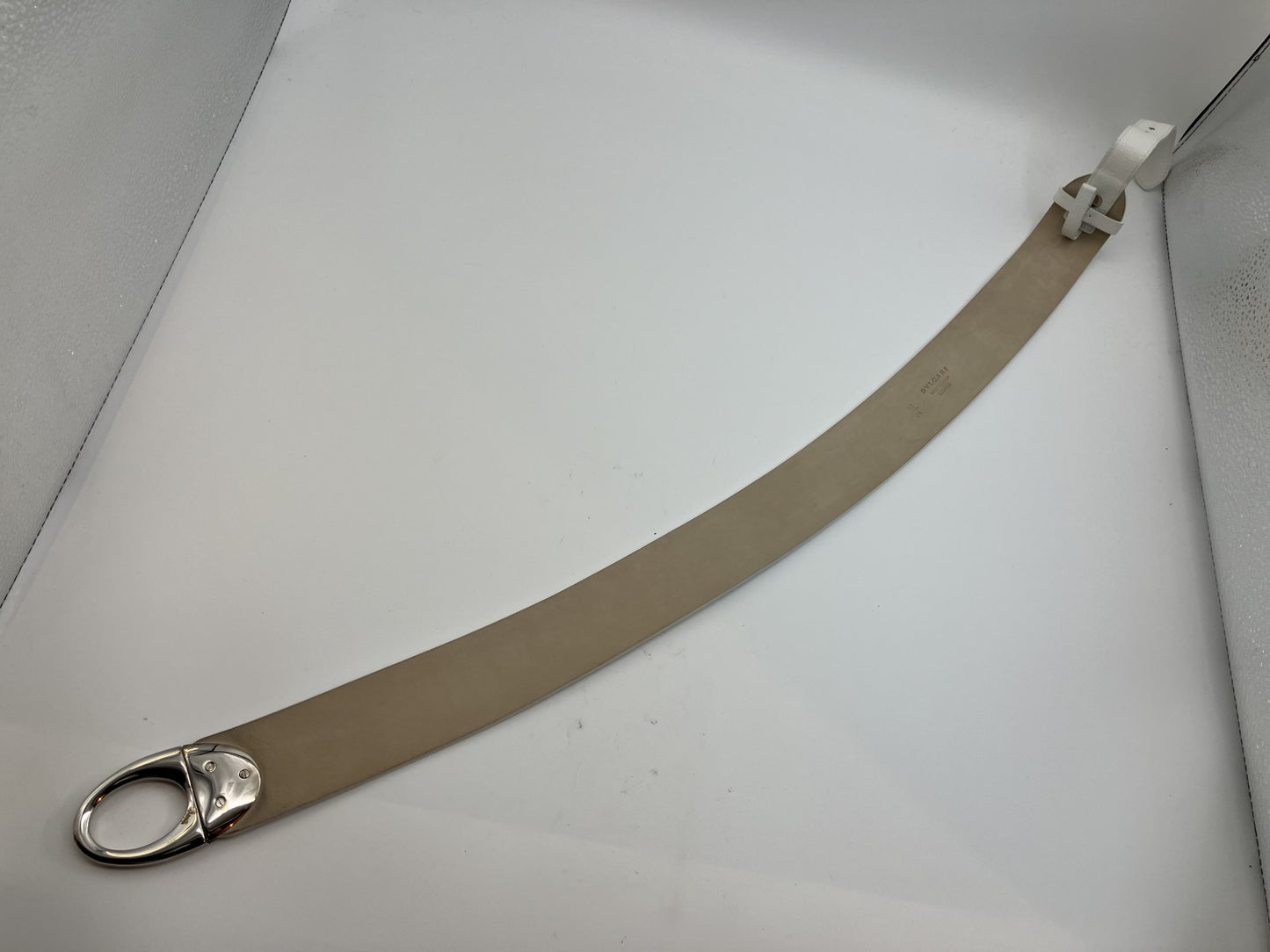 Bulgari Leather Belt Length 100cm(39.37 inch) Width 5cm(1.97 inch) White and Silver with box and bag