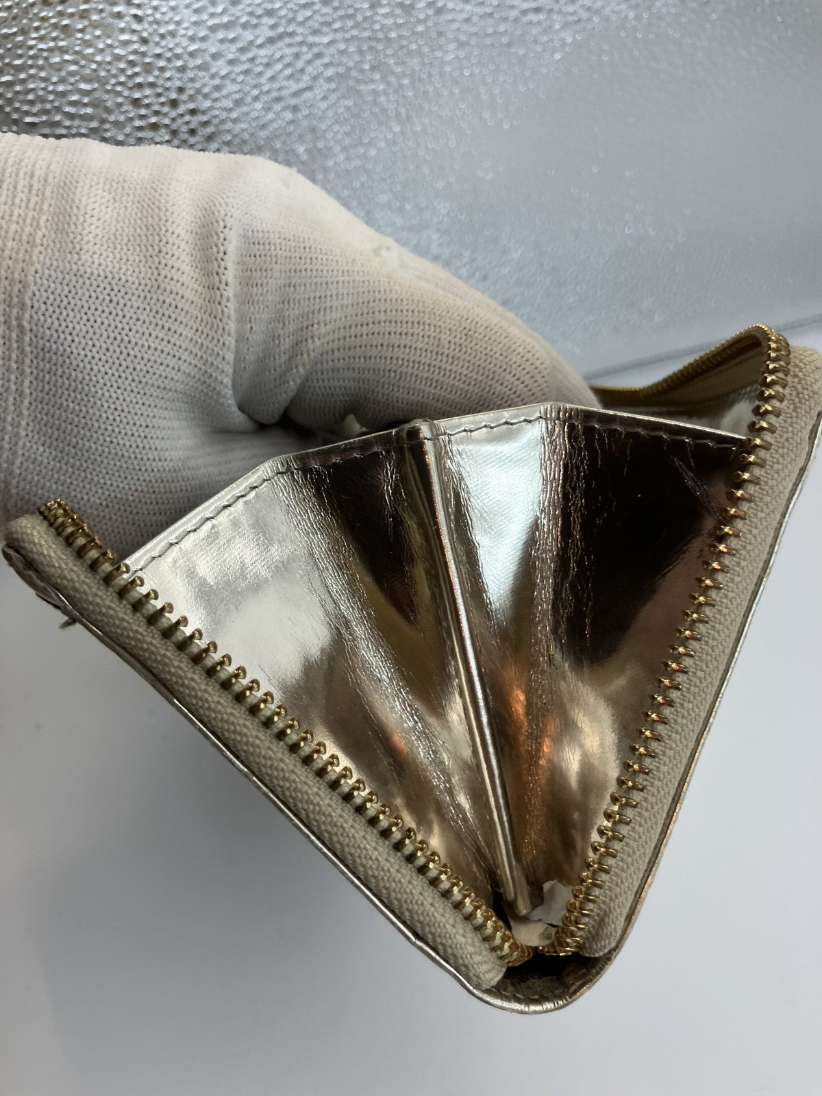 Anya Hindmarch Bow Quilted Zip Around Long Wallet Metallic Gold Patent Leather