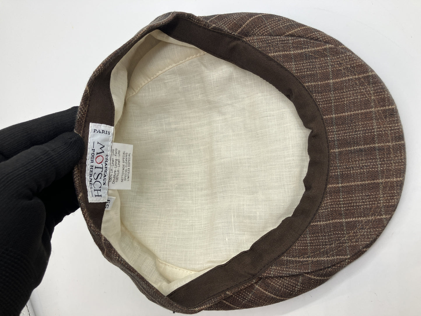 HERMES Motsch Men's 100% Linen Flat Cap Brown Plaid Check Size 59