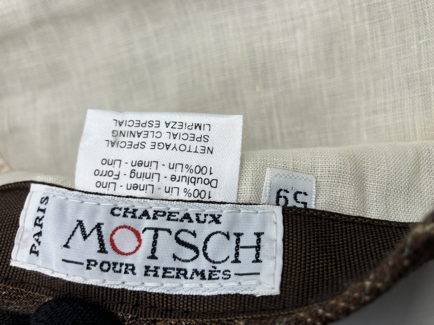 HERMES Motsch Men's 100% Linen Flat Cap Brown Plaid Check Size 59