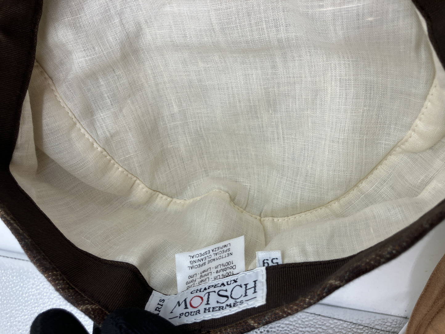 HERMES Motsch Men's 100% Linen Flat Cap Brown Plaid Check Size 59