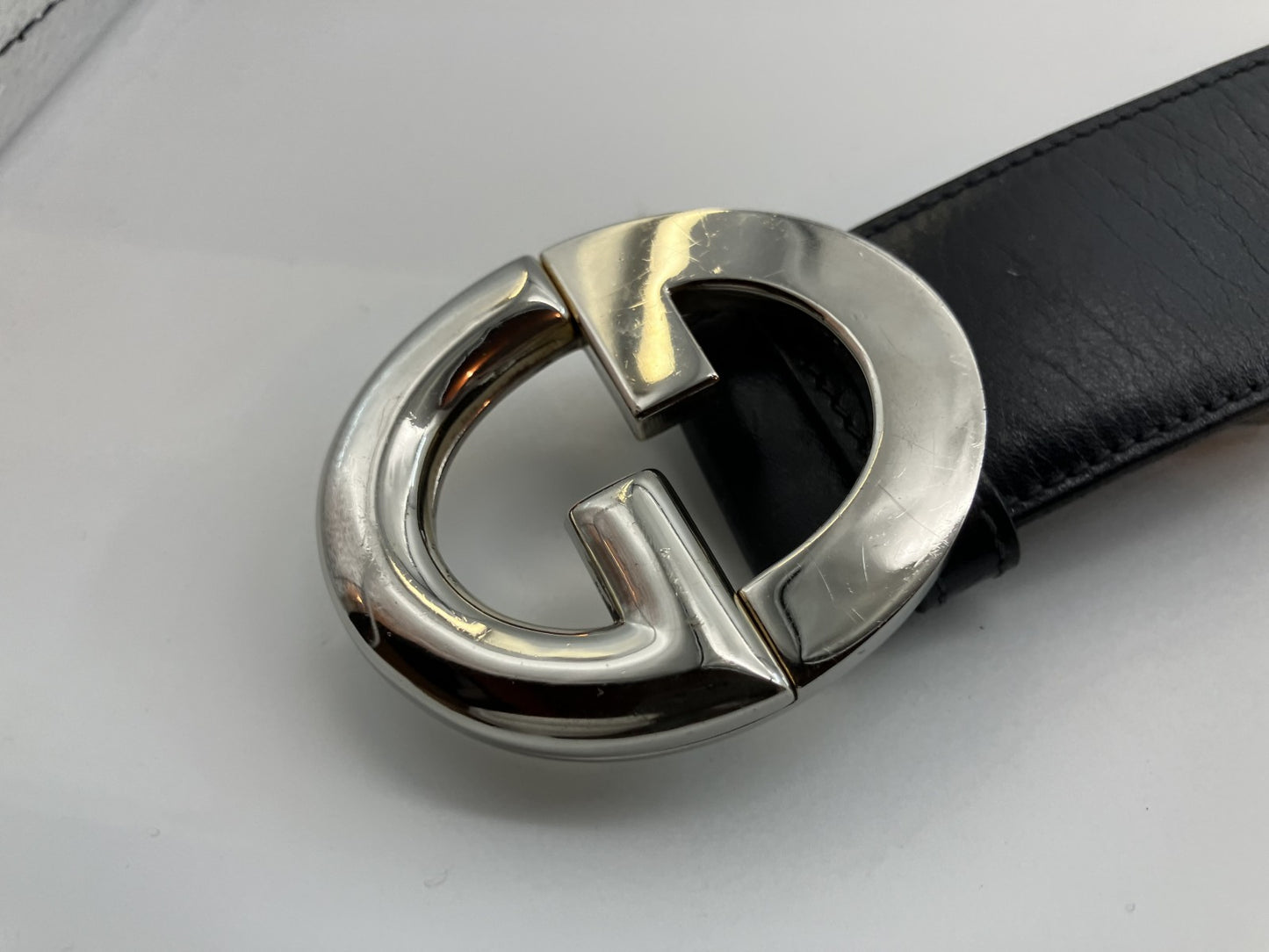 Gucci Leather Belt Old Gucci Total Length 88cm (34.65 inch) Width 3.5cm (1.38 inch) Black &amp; Silver Free Shipping 