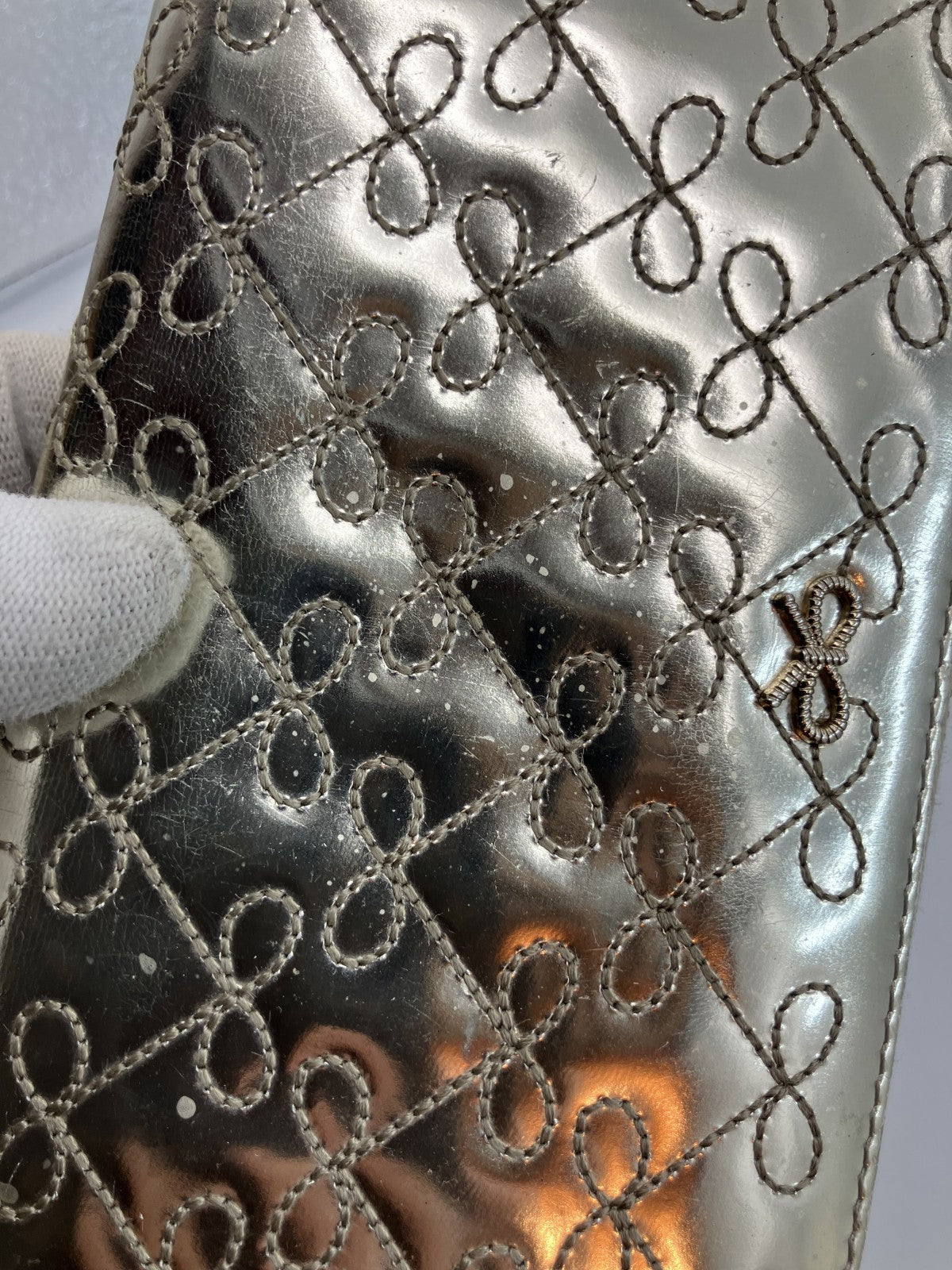 Anya Hindmarch Bow Quilted Zip Around Long Wallet Metallic Gold Patent Leather