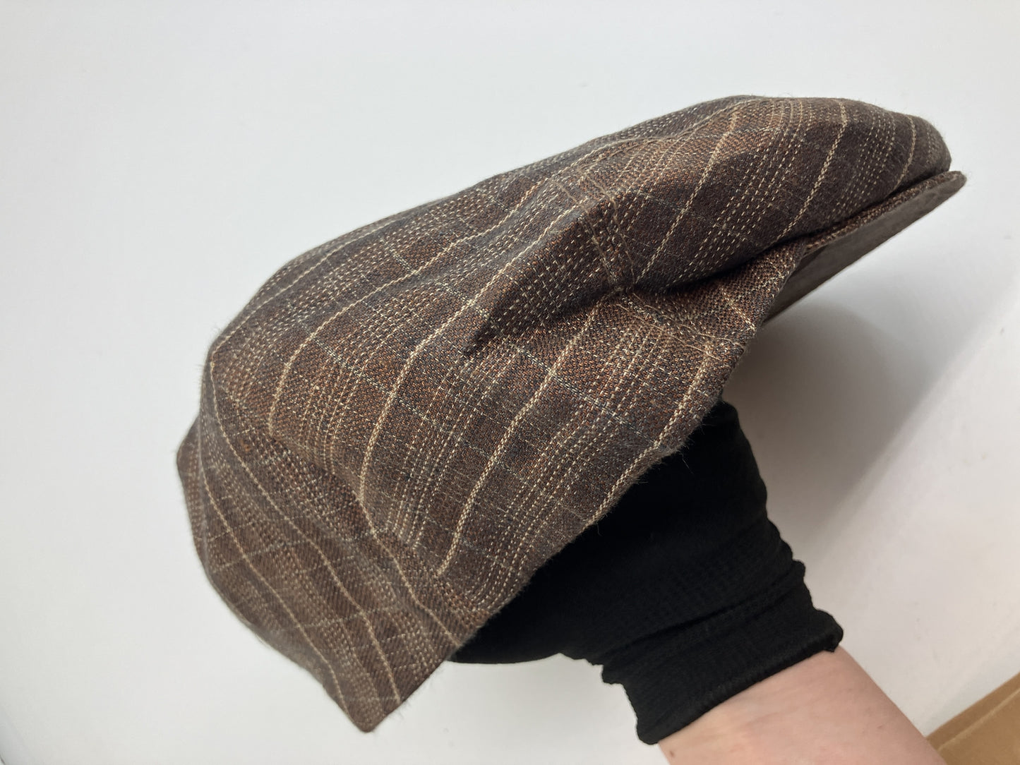 HERMES Motsch Men's 100% Linen Flat Cap Brown Plaid Check Size 59
