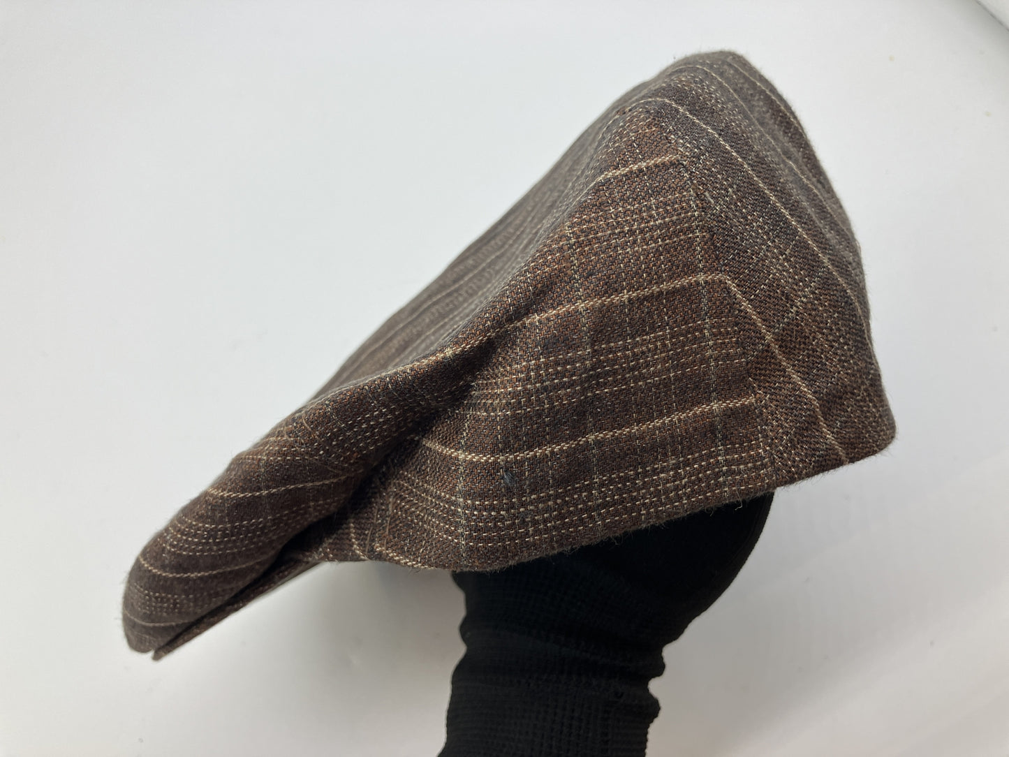 HERMES Motsch Men's 100% Linen Flat Cap Brown Plaid Check Size 59