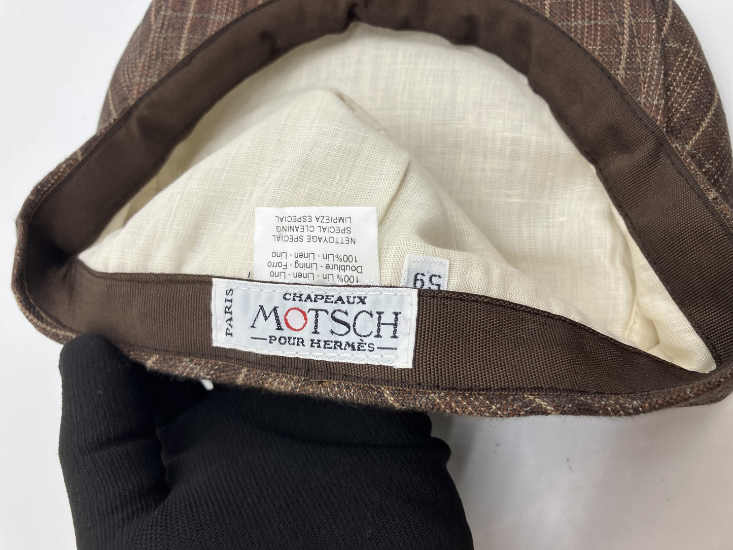 HERMES Motsch Men's 100% Linen Flat Cap Brown Plaid Check Size 59