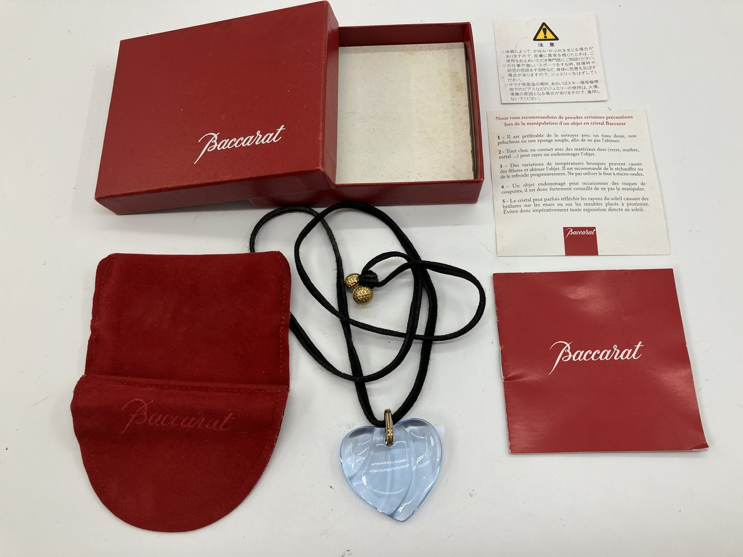 Baccarat Heart Crystal Pendant Necklace Light Blue Black Cord Box Pouch