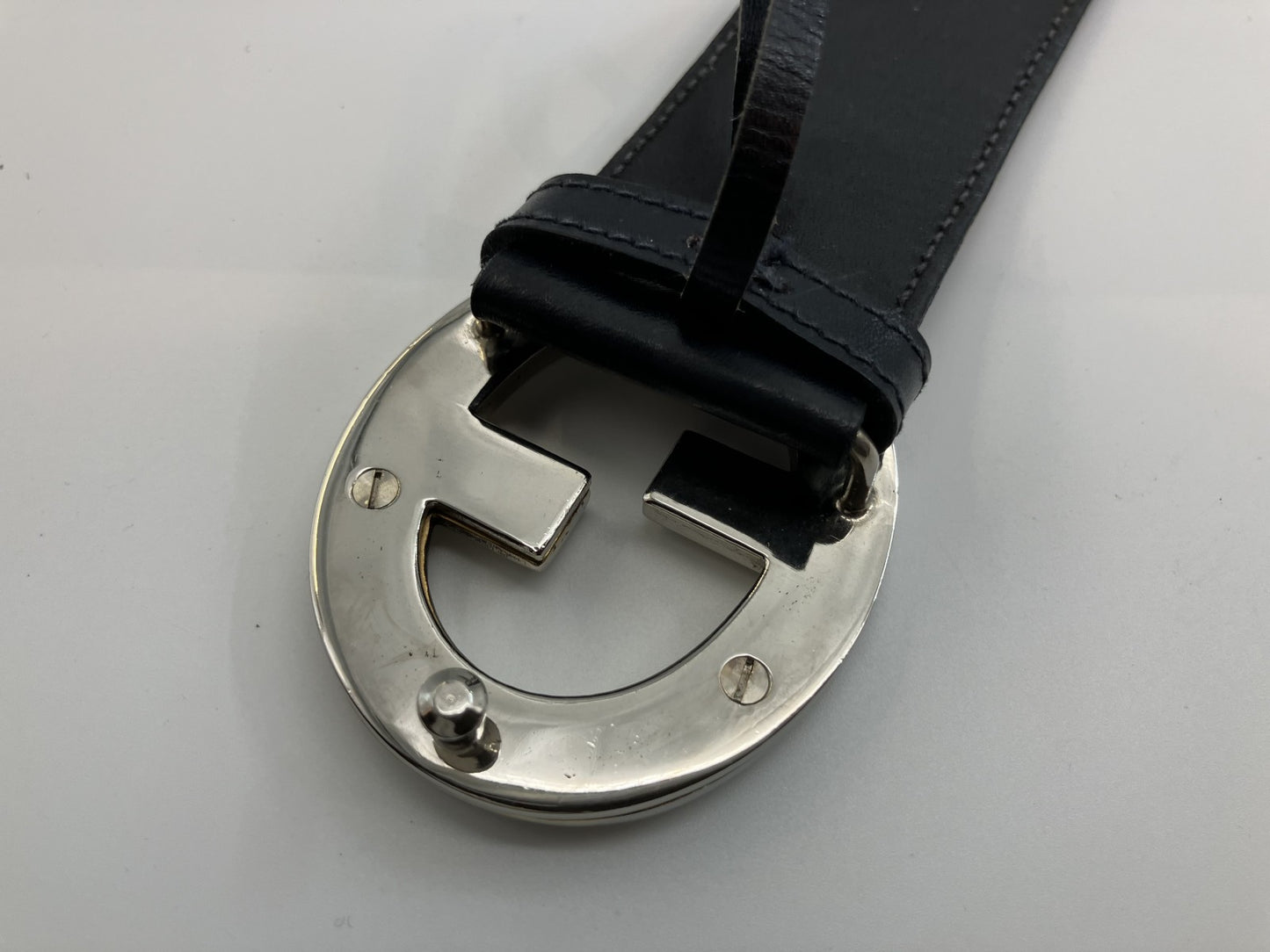 Gucci Leather Belt Old Gucci Total Length 88cm (34.65 inch) Width 3.5cm (1.38 inch) Black &amp; Silver Free Shipping 