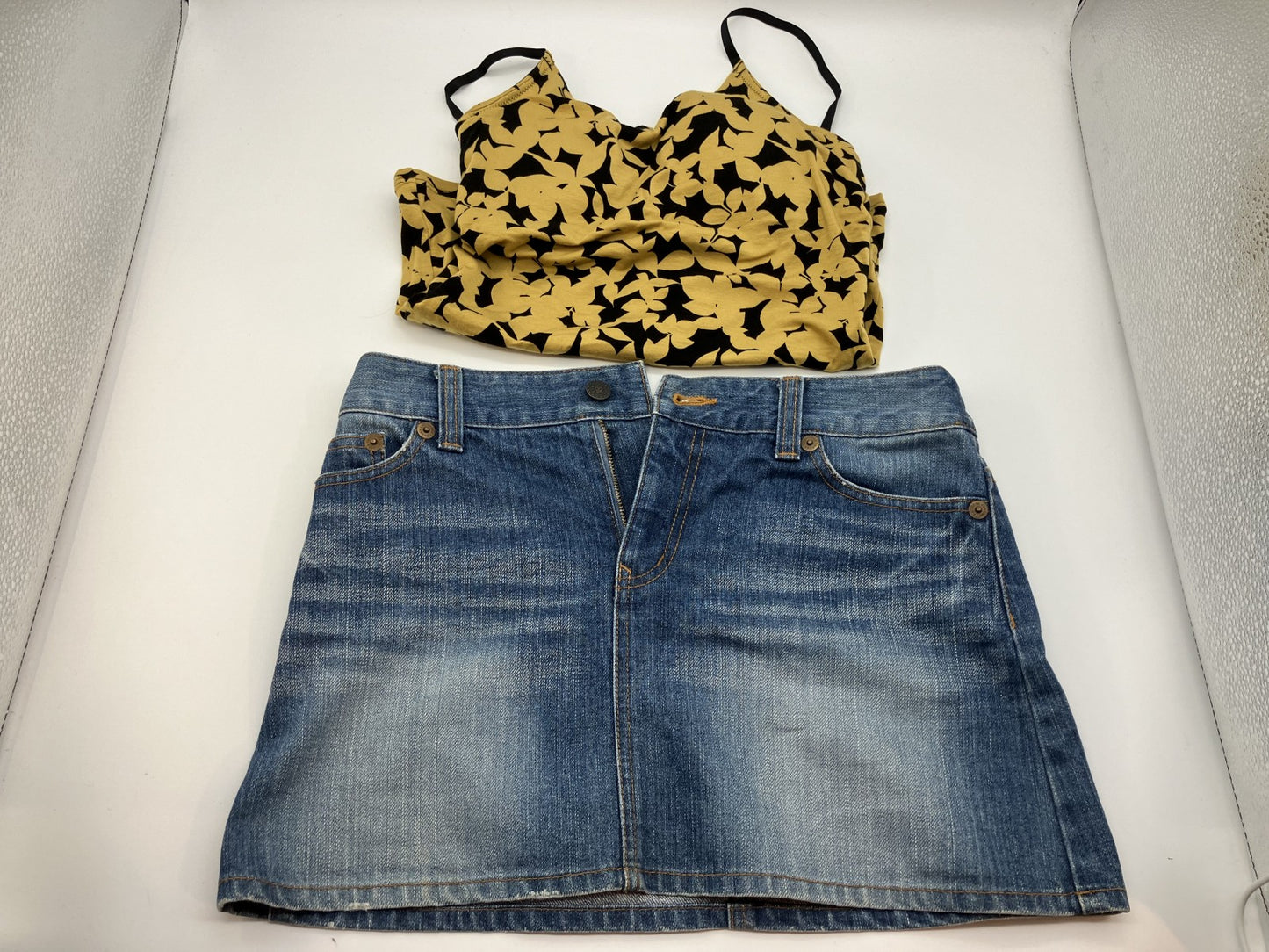 Yellow camisole with cups and denim mini skirt set
