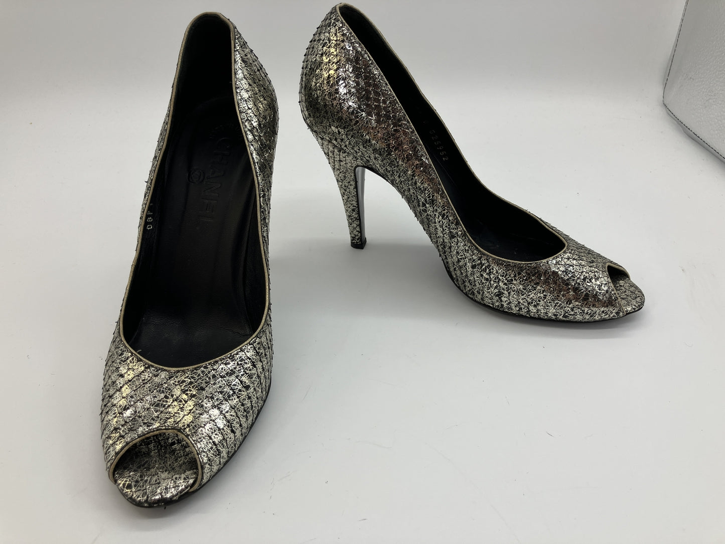 CHANEL Metallic Pattern Peep Toe Pumps Silver Black Women's EU 38 Italy