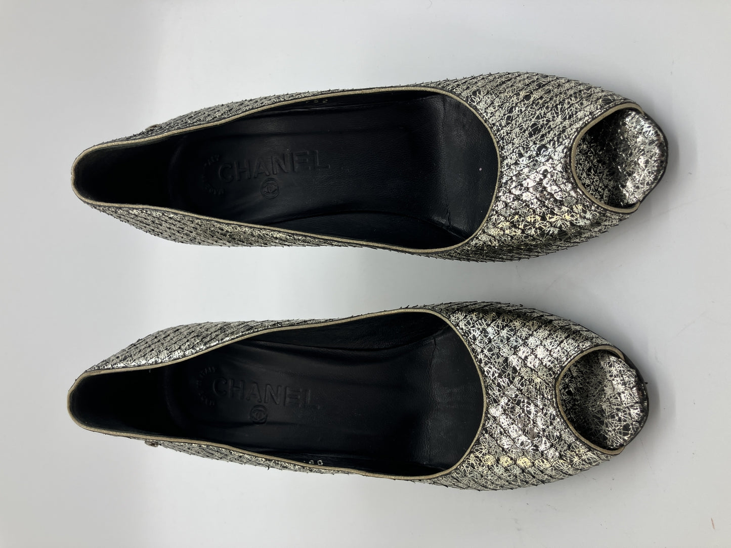 CHANEL Metallic Pattern Peep Toe Pumps Silver Black Women's EU 38 Italy