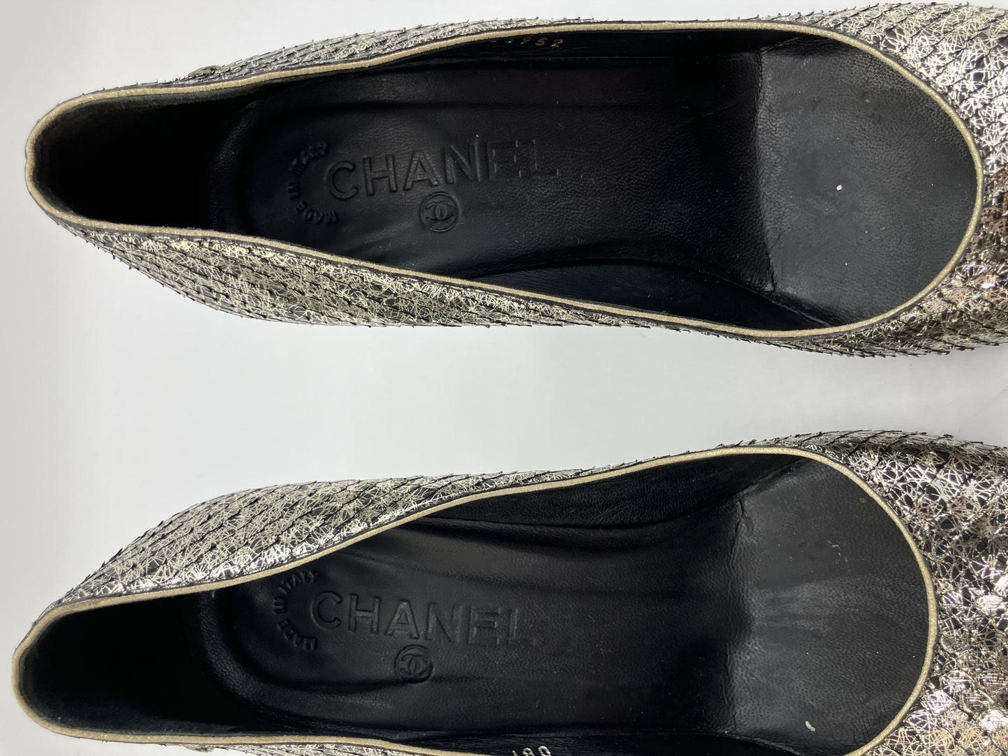 CHANEL Metallic Pattern Peep Toe Pumps Silver Black Women's EU 38 Italy
