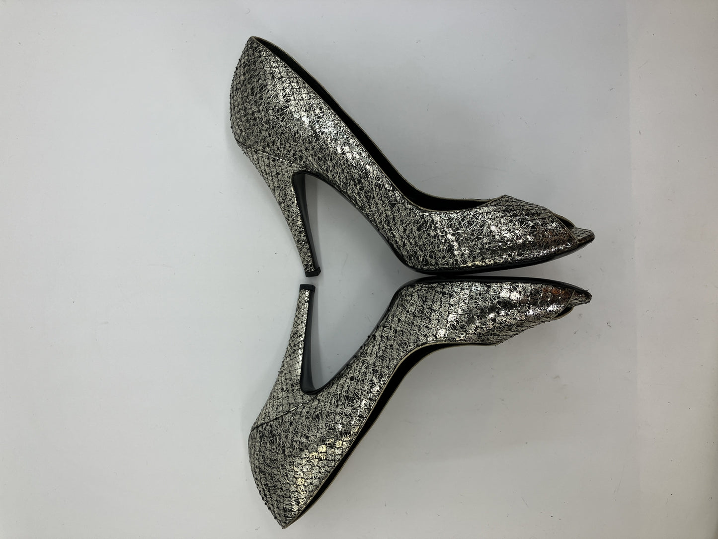 CHANEL Metallic Pattern Peep Toe Pumps Silver Black Women's EU 38 Italy