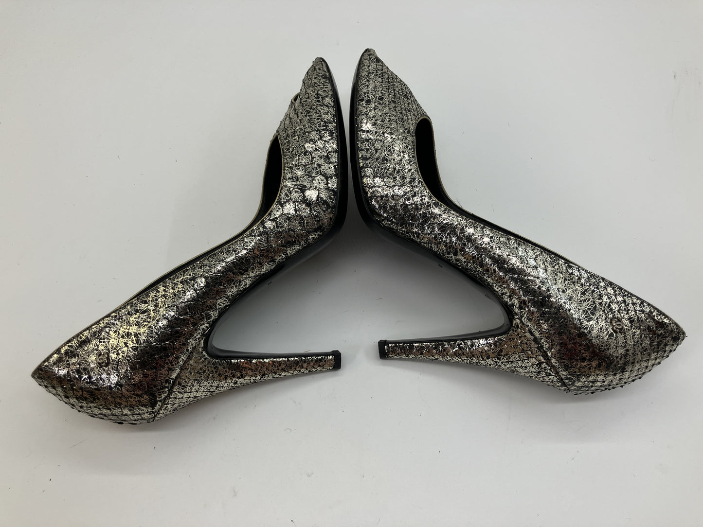 CHANEL Metallic Pattern Peep Toe Pumps Silver Black Women's EU 38 Italy