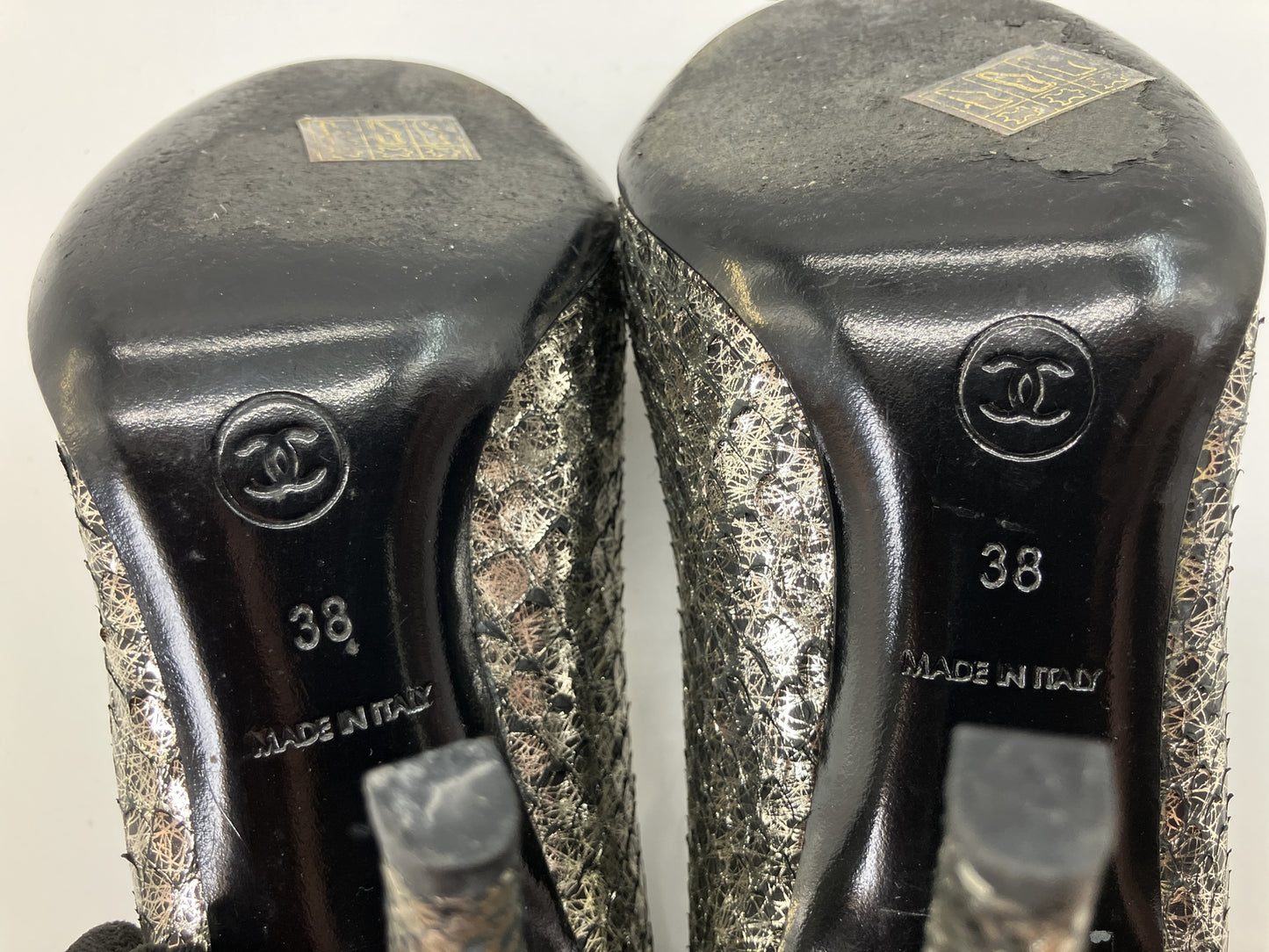 CHANEL Metallic Pattern Peep Toe Pumps Silver Black Women's EU 38 Italy