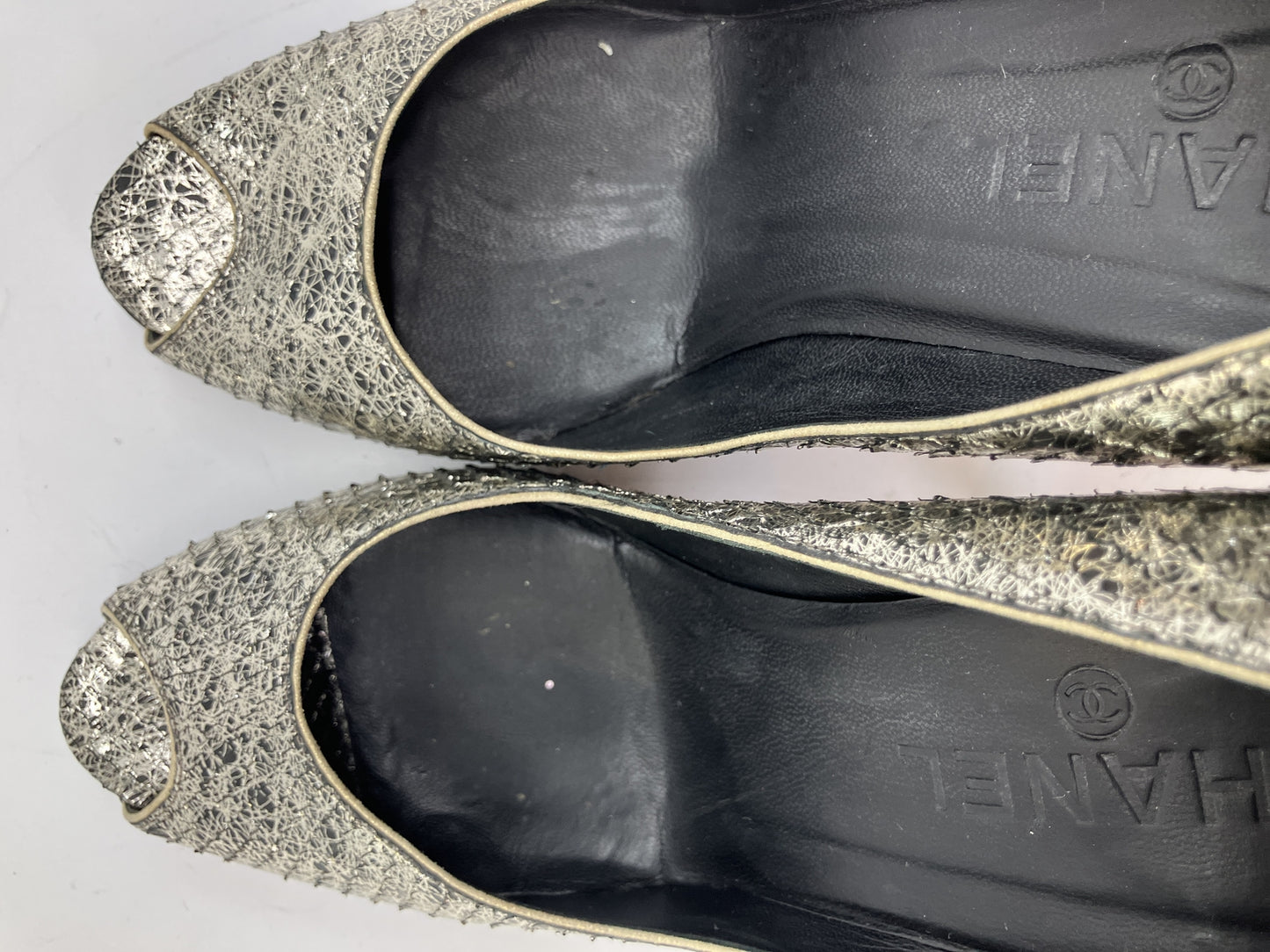 CHANEL Metallic Pattern Peep Toe Pumps Silver Black Women's EU 38 Italy