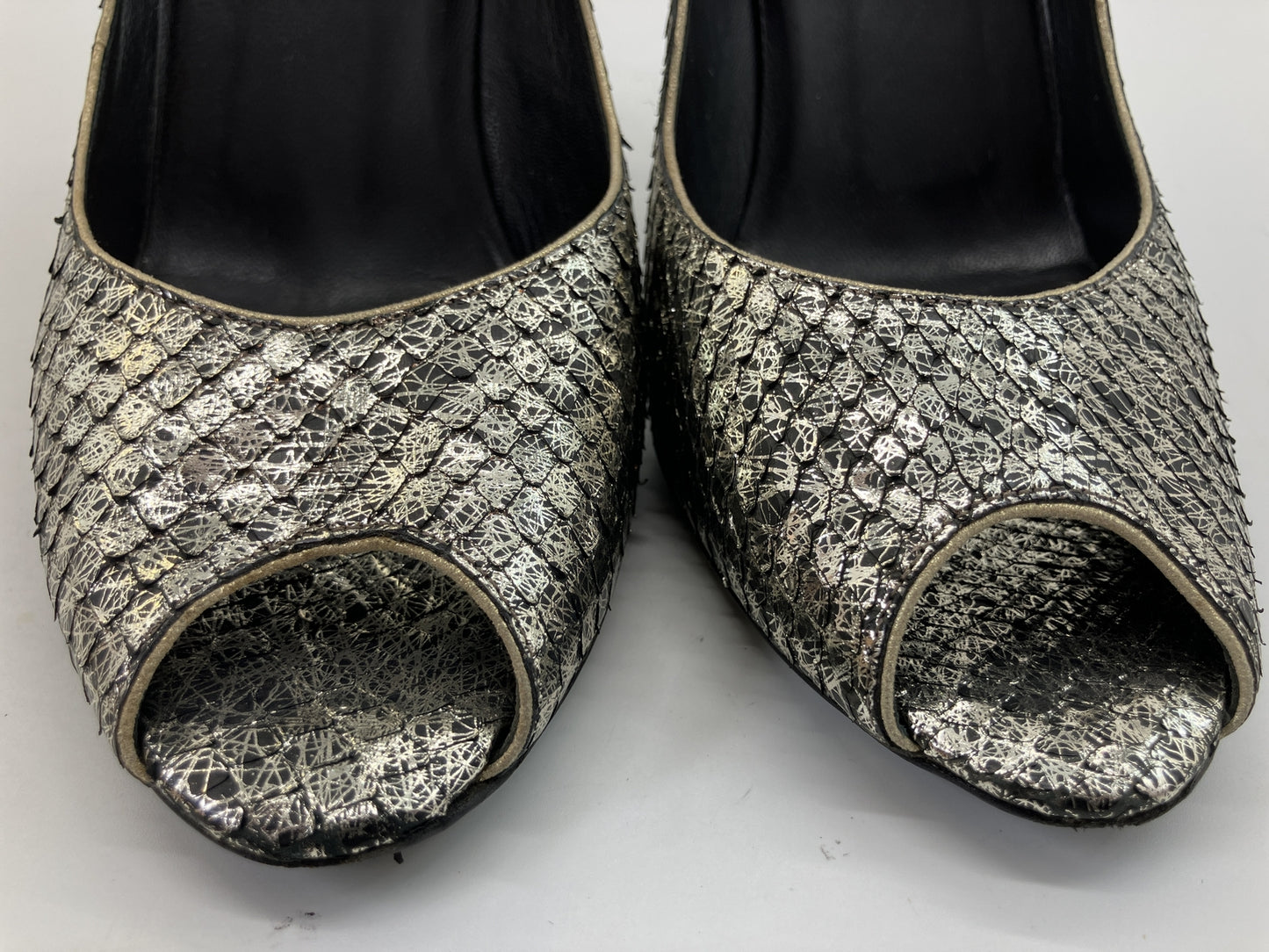 CHANEL Metallic Pattern Peep Toe Pumps Silver Black Women's EU 38 Italy