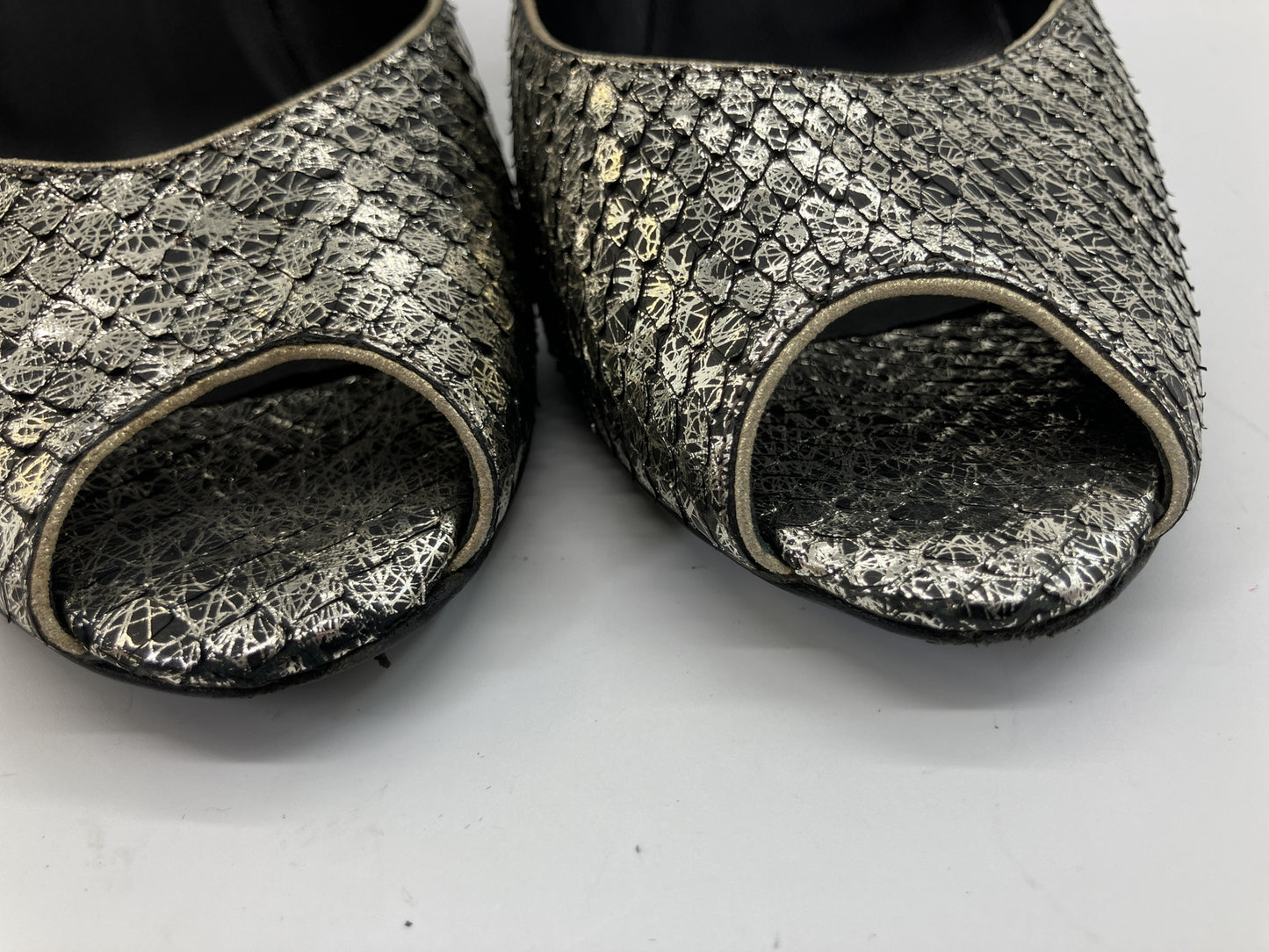 CHANEL Metallic Pattern Peep Toe Pumps Silver Black Women's EU 38 Italy
