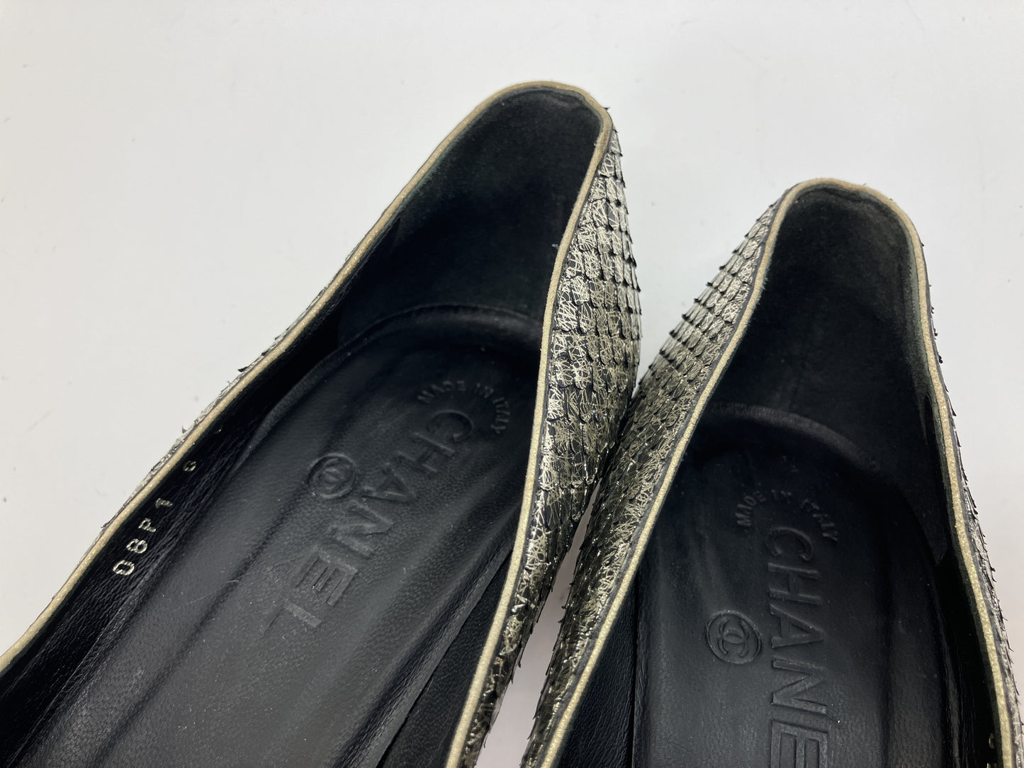 CHANEL Metallic Pattern Peep Toe Pumps Silver Black Women's EU 38 Italy
