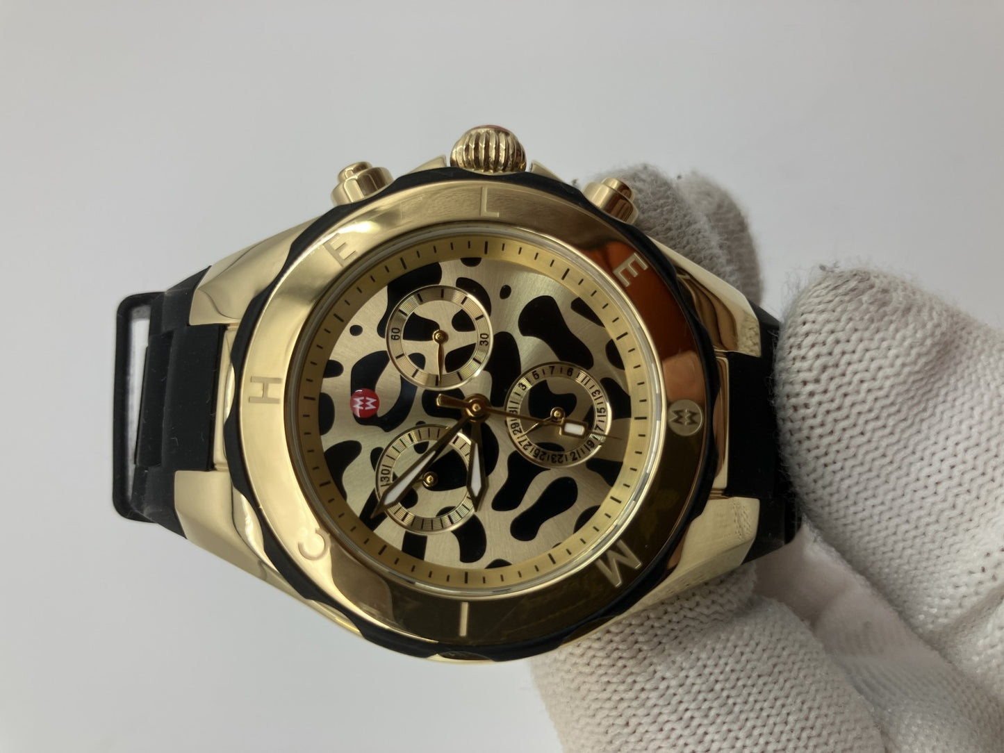 Michele Chronograph Leopard Dial Men’s Watch Rubber Strap Gold Tone w/ Box & Guarantee