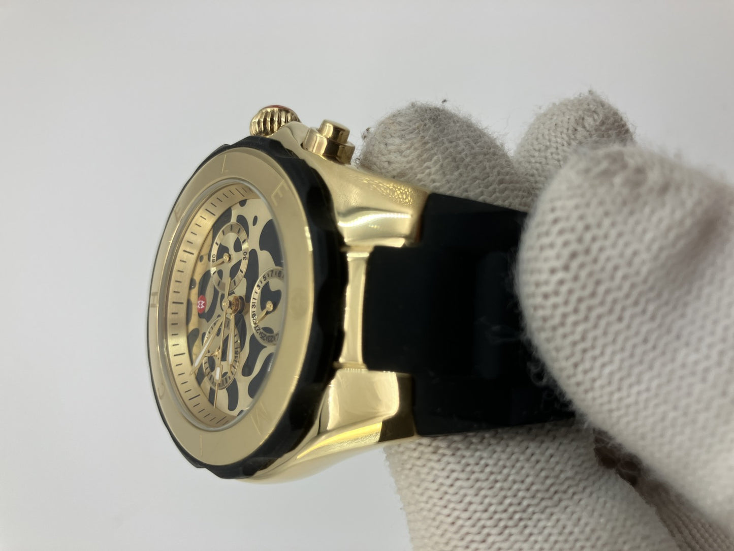 Michele Chronograph Leopard Dial Men’s Watch Rubber Strap Gold Tone w/ Box & Guarantee