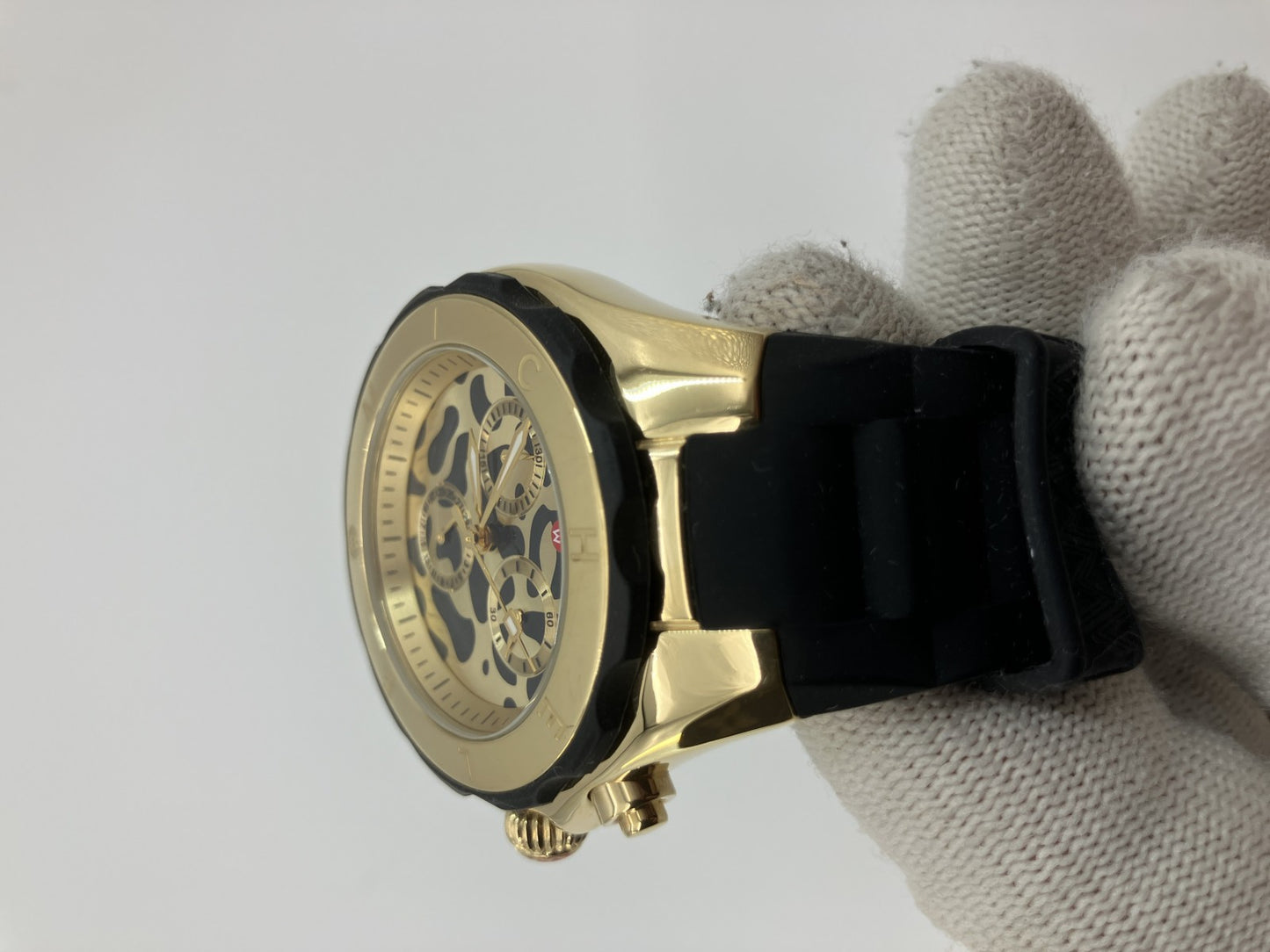 Michele Chronograph Leopard Dial Men’s Watch Rubber Strap Gold Tone w/ Box & Guarantee