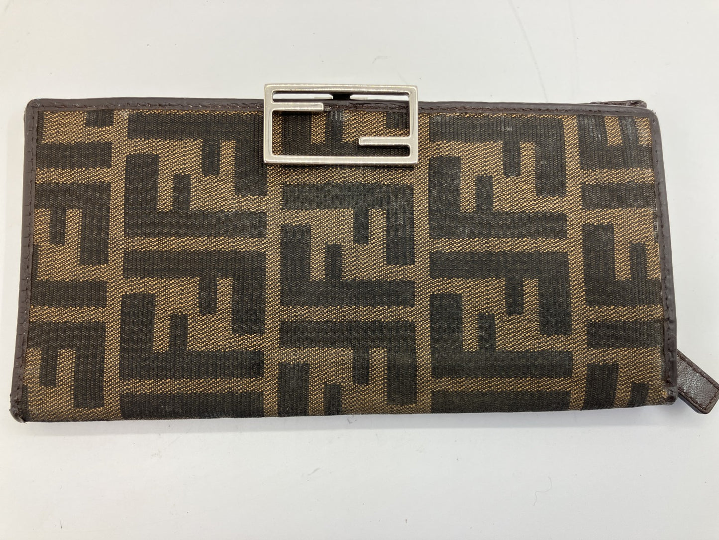 Fendi Zucca Long Wallet Brown Canvas Leather FF Logo Bifold Vintage Italy