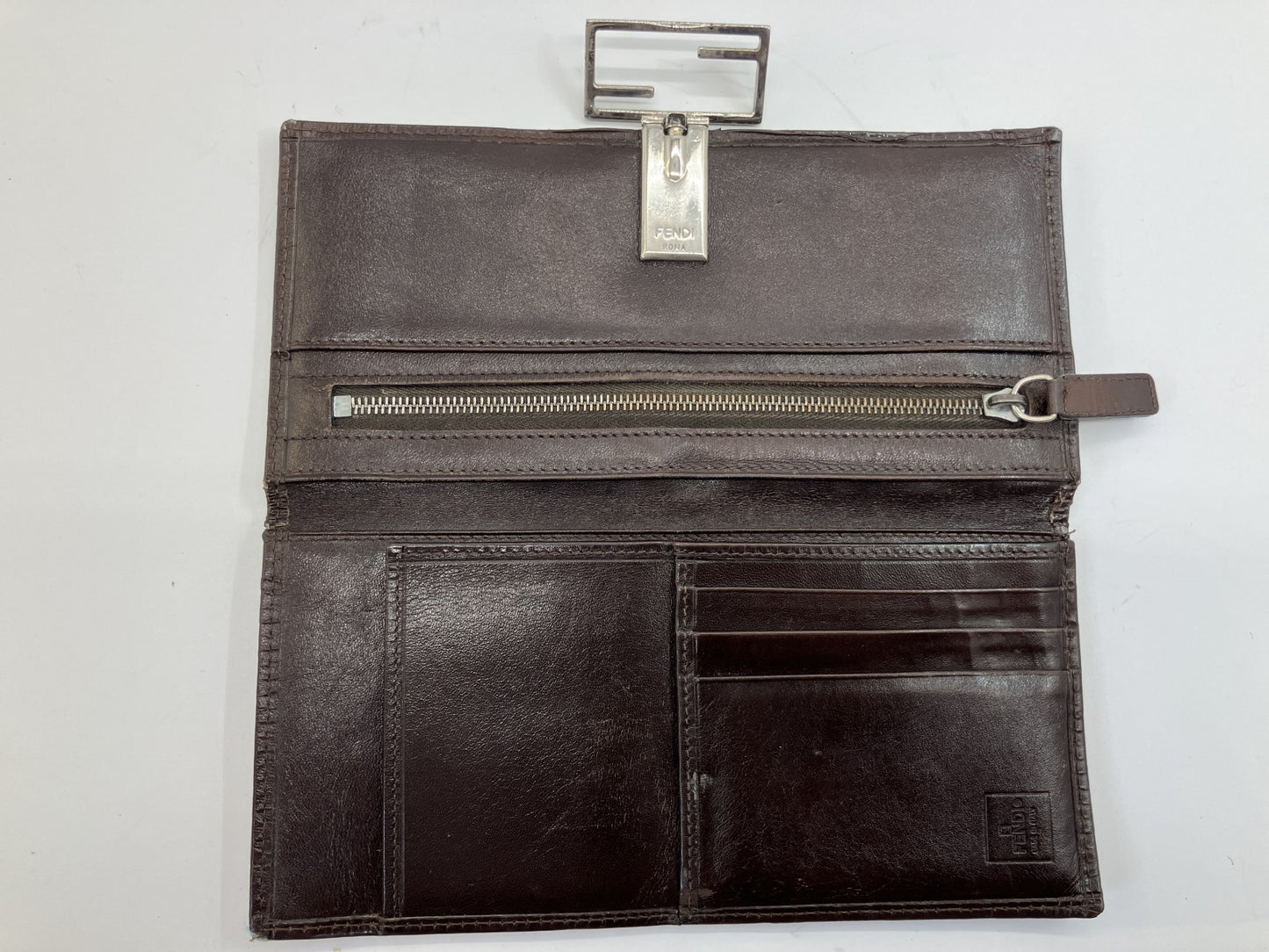 Fendi Zucca Long Wallet Brown Canvas Leather FF Logo Bifold Vintage Italy