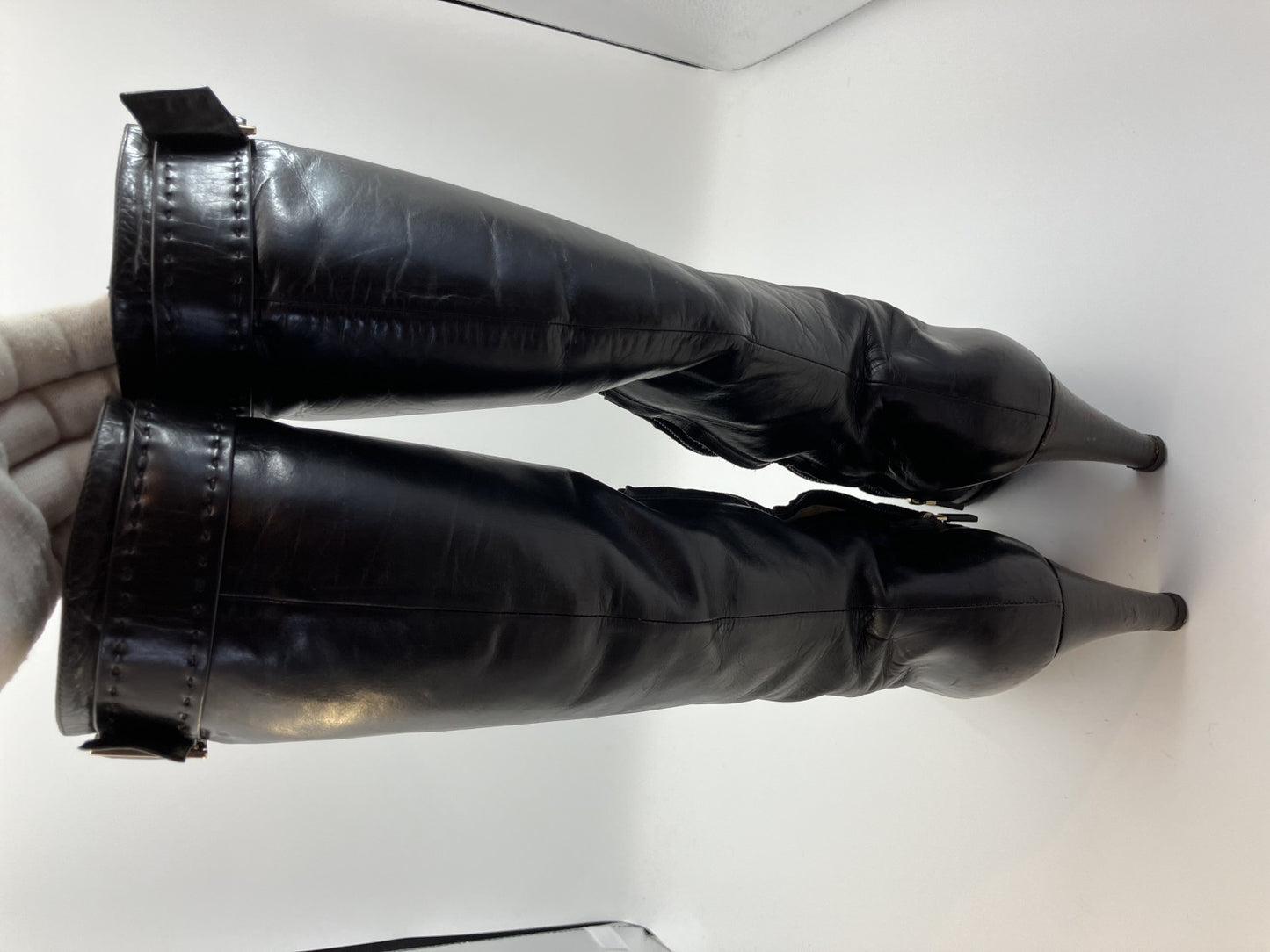 LOUIS VUITTON leather long boots black (EU 35.5)(US 5.5)(22.5 cm)(8.86 inch) heel 8.5 cm with box and bag