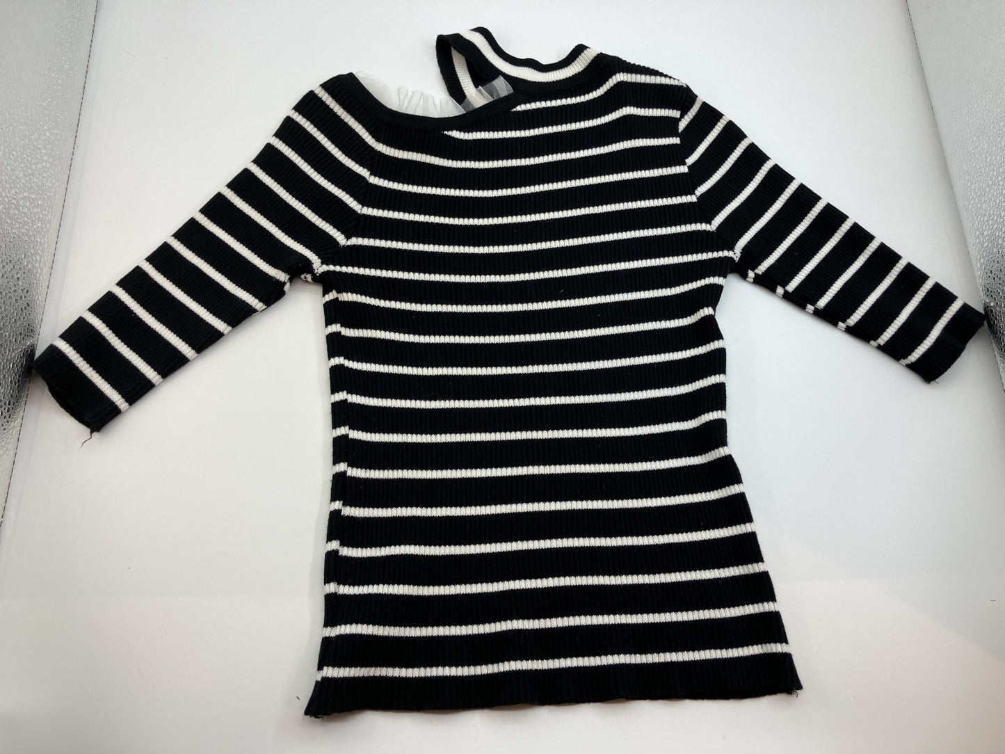 Striped top x white denim skirt set / Short sleeve knit & front button trapezoid skirt / Medium size /