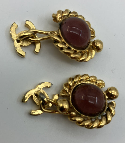 CHANEL Vintage Cufflinks Gold Tone CC Logo Pink Glass Cabochon Pair – Defect / Aftermarket Stones