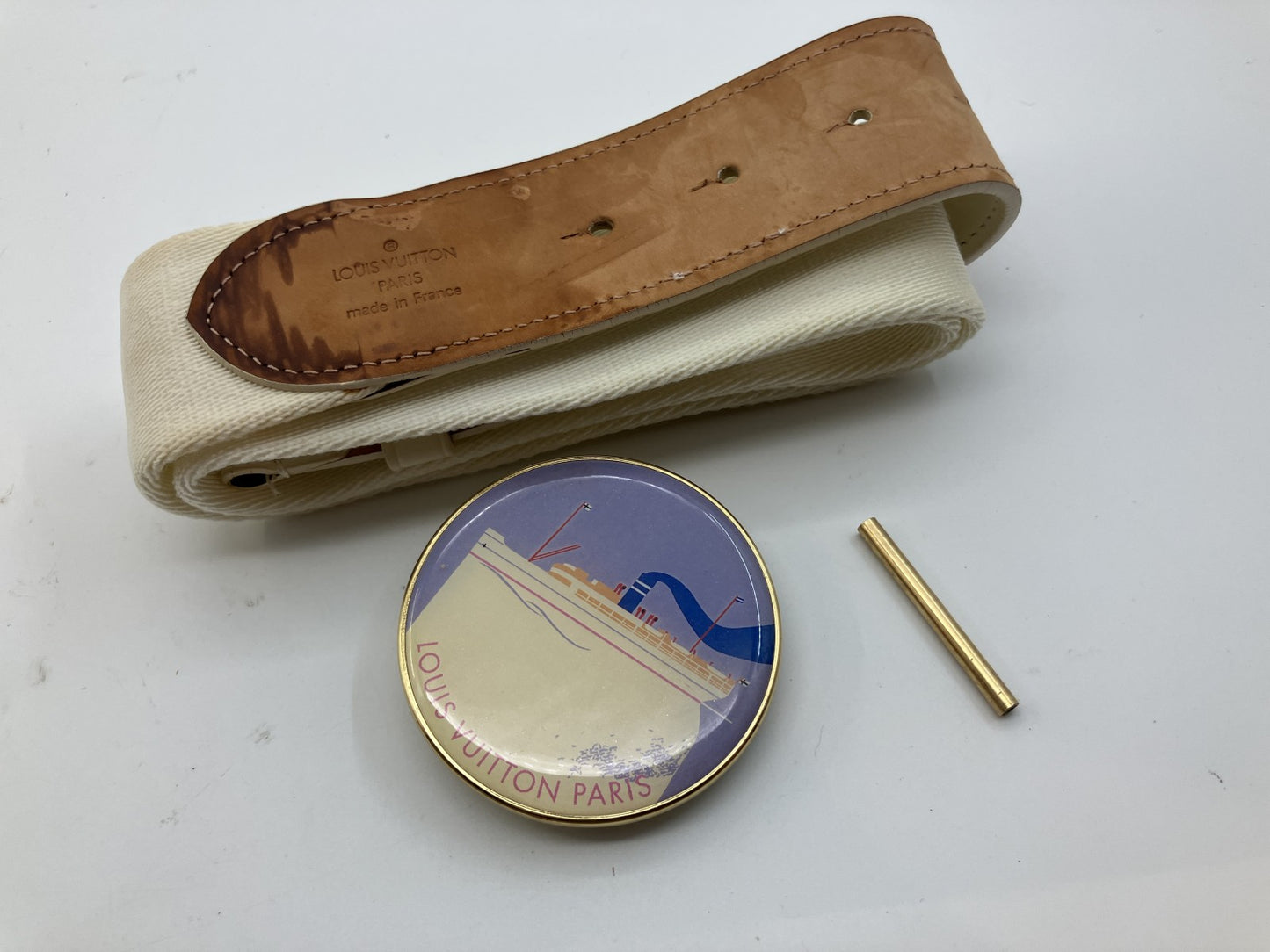 Louis Vuitton Belt White Canvas Leather Round Buckle 94cm x 4cm Made in France (Defect: Broken Buckle)