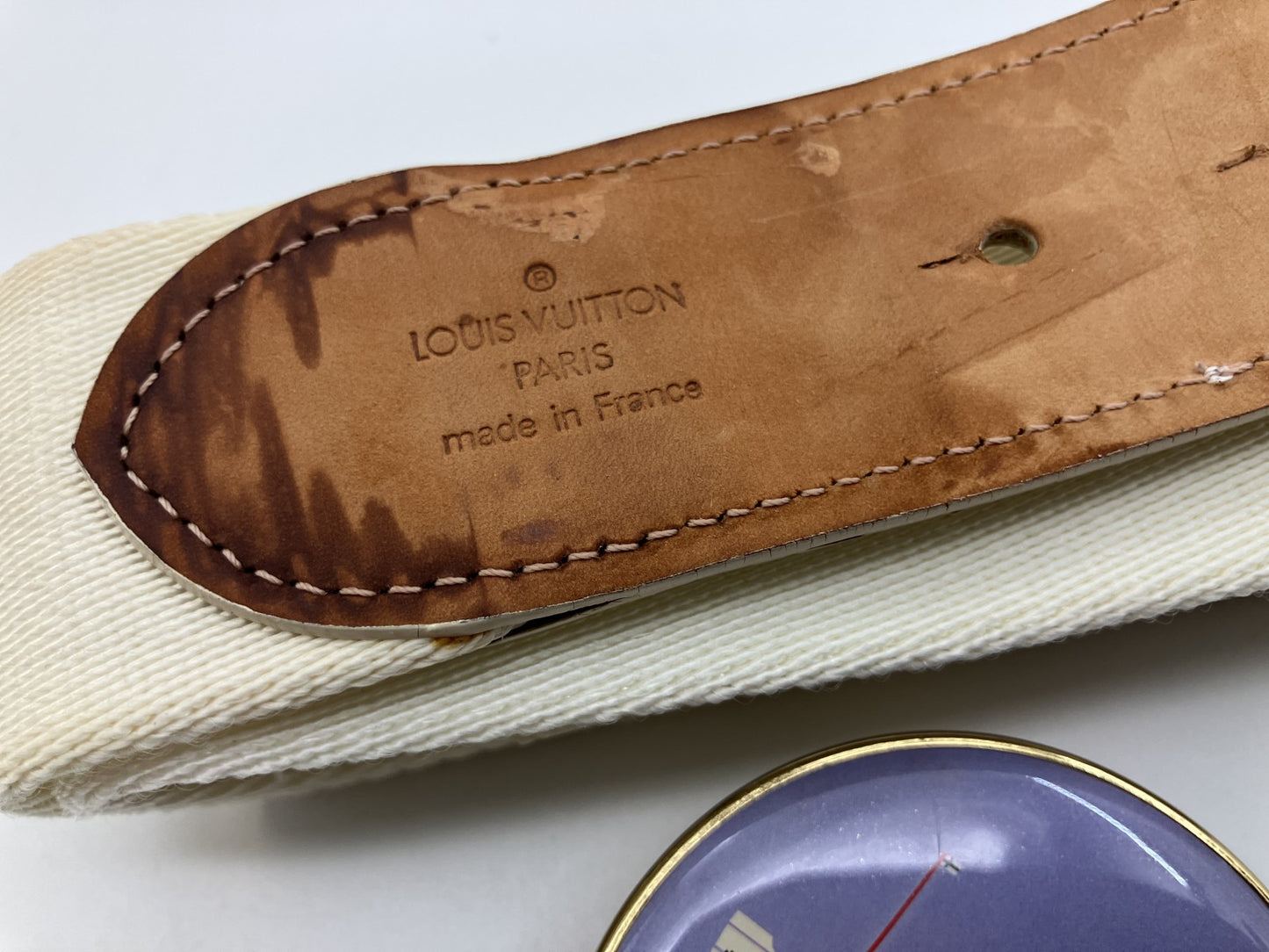 Louis Vuitton Belt White Canvas Leather Round Buckle 94cm x 4cm Made in France (Defect: Broken Buckle)