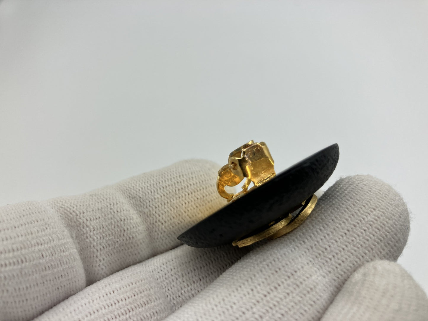 CHANEL CC Logo Earrings 93A Black Gold Clip On Large 3.7cm Single Vintage