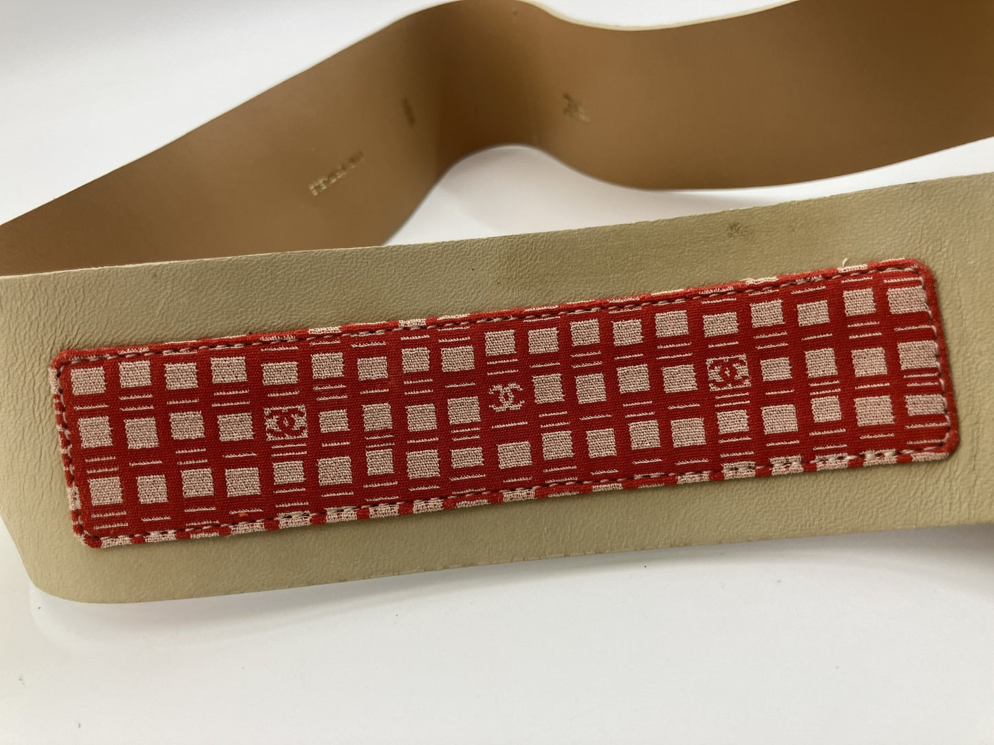 CHANEL 01S Icon Leather Waist Belt 95cm Beige Gold Bar Made in France