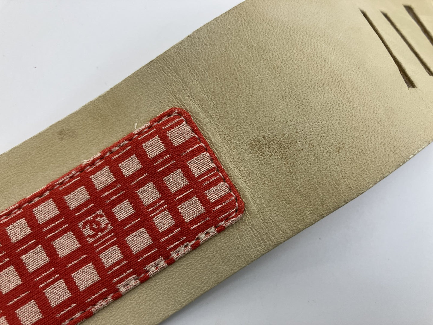 CHANEL 01S Icon Leather Waist Belt 95cm Beige Gold Bar Made in France