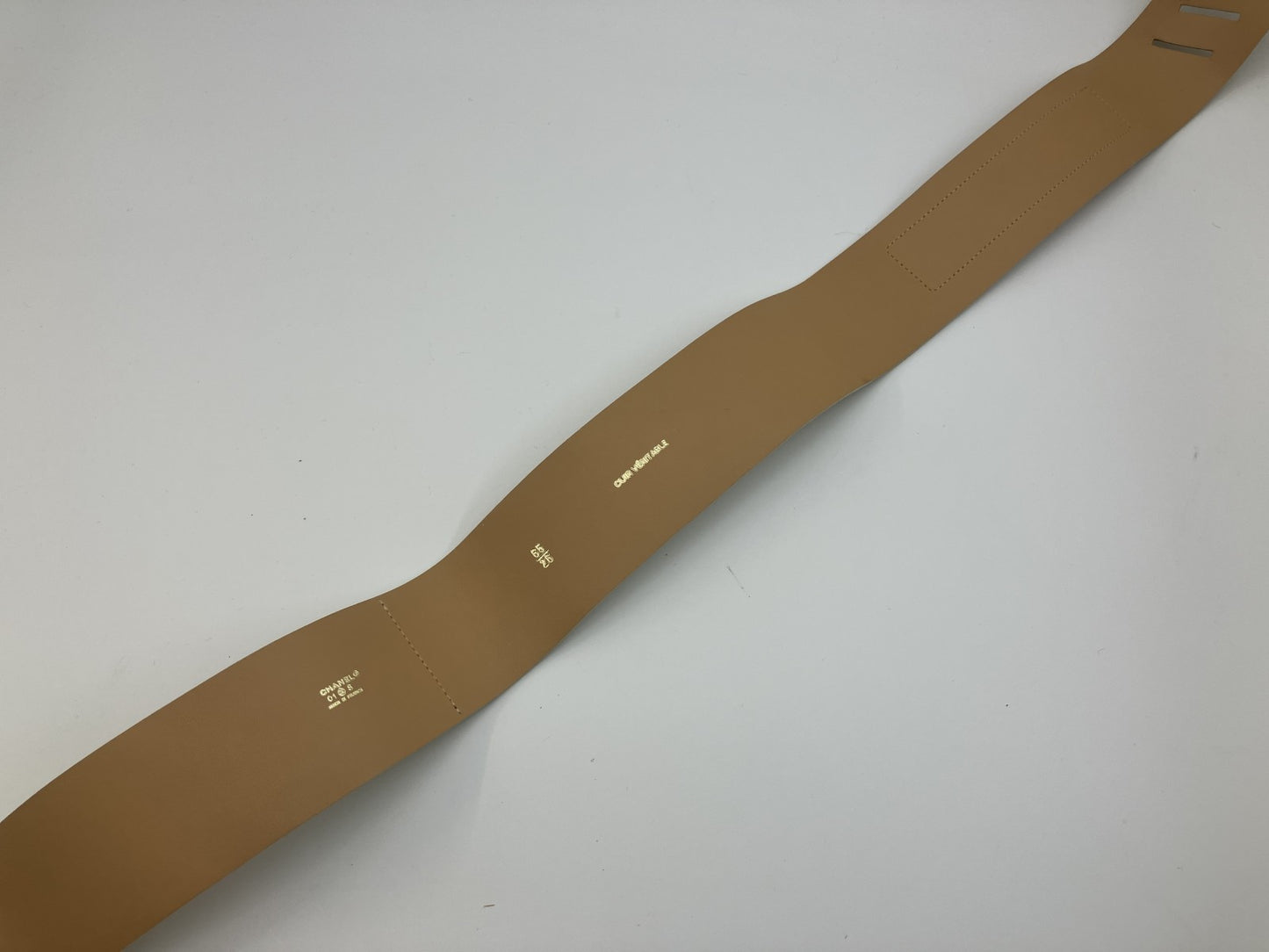 CHANEL 01S Icon Leather Waist Belt 95cm Beige Gold Bar Made in France