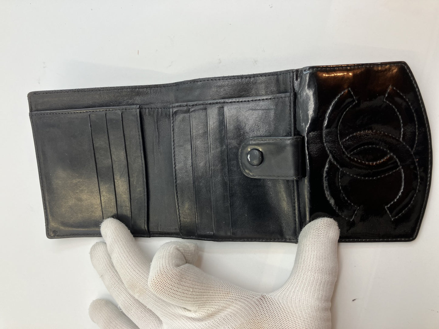 Chanel Enamel Bi-Fold Compact Wallet Black 11.5x3.9" Sticker Included