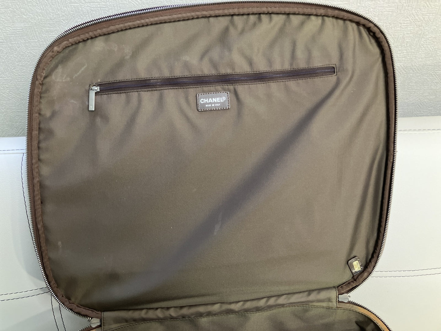 CHANEL New Travel Carry-on Suitcase, 45cm (height) x 40cm (length) x 20cm (width) (excluding fixed handle), Nylon SVMetal, Khaki x Brown, 7277067